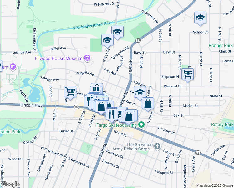 map of restaurants, bars, coffee shops, grocery stores, and more near 309 Oak Street in DeKalb