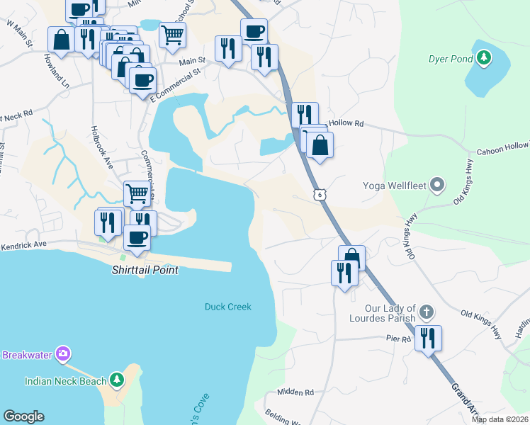 map of restaurants, bars, coffee shops, grocery stores, and more near 135 Marven Way in Wellfleet