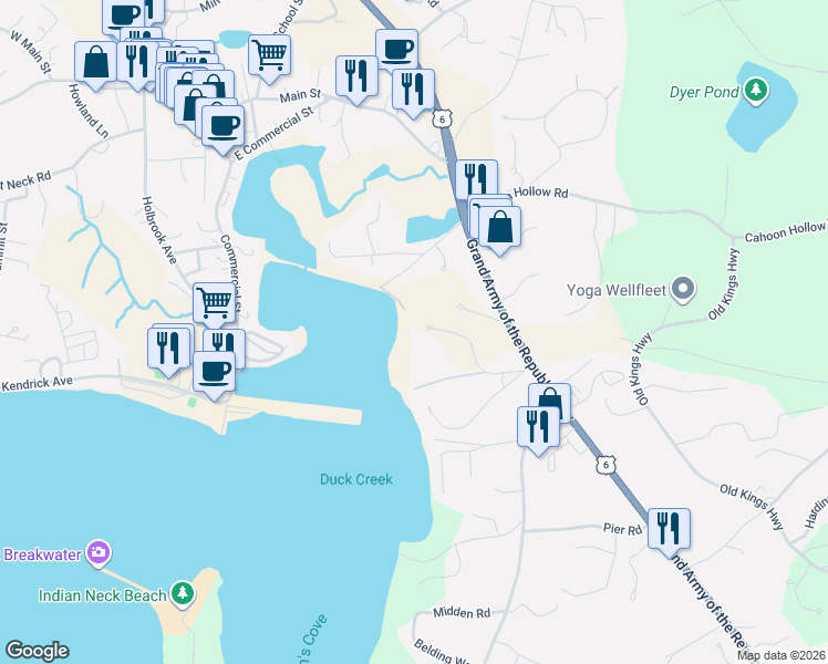 map of restaurants, bars, coffee shops, grocery stores, and more near 135 Marven Way in Wellfleet