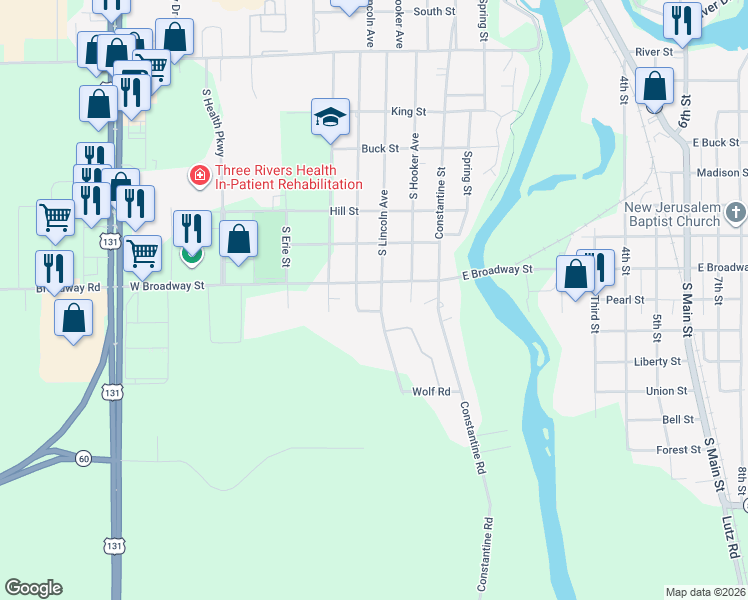 map of restaurants, bars, coffee shops, grocery stores, and more near 612 West Broadway Street in Three Rivers