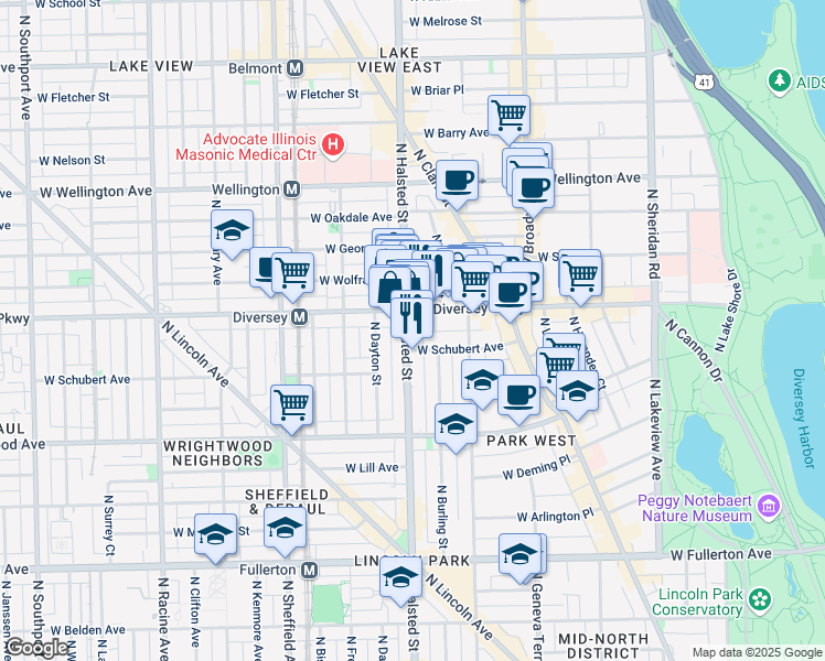 map of restaurants, bars, coffee shops, grocery stores, and more near 735 West Diversey Parkway in Chicago