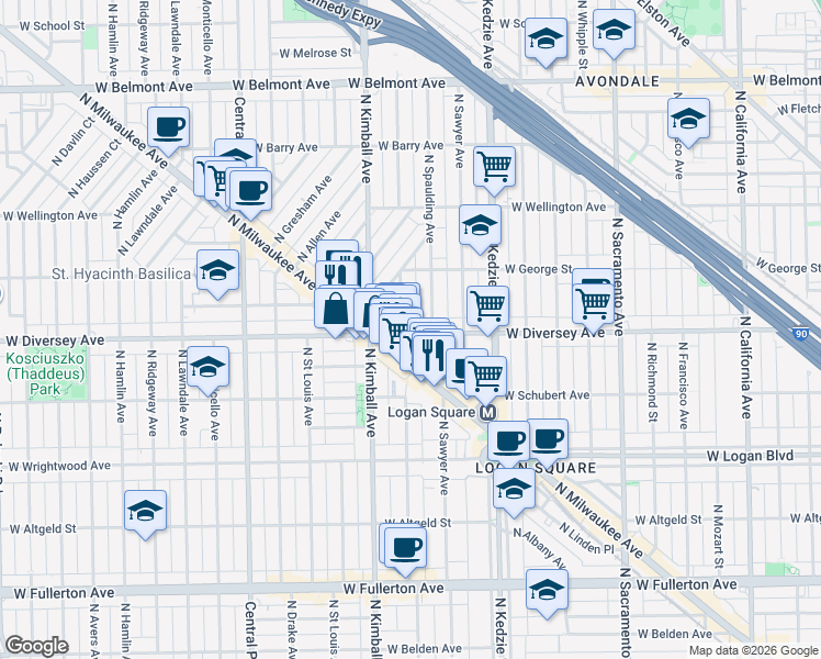 map of restaurants, bars, coffee shops, grocery stores, and more near 2817 North Christiana Avenue in Chicago