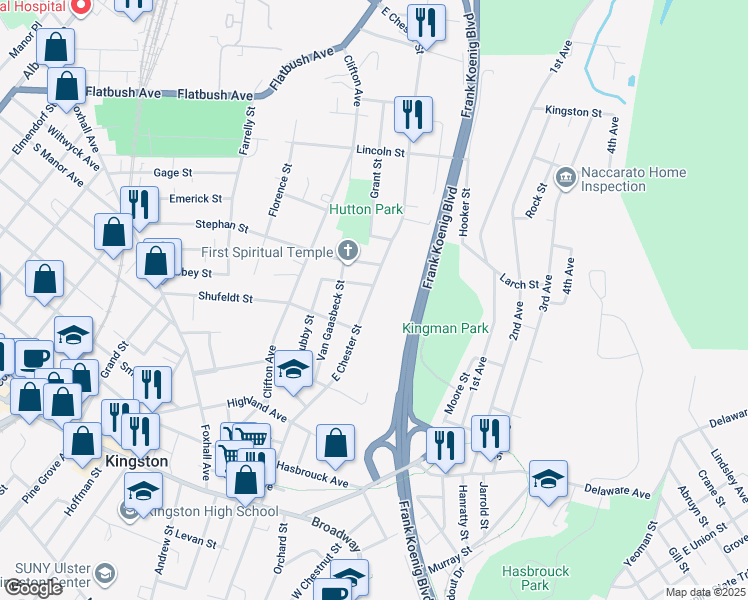 map of restaurants, bars, coffee shops, grocery stores, and more near 213 East Chester Street in Kingston