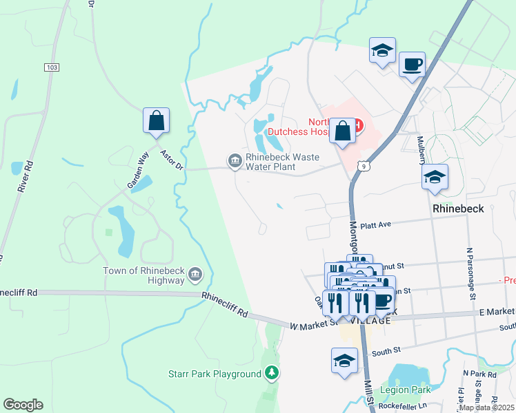 map of restaurants, bars, coffee shops, grocery stores, and more near 1 Wells Manor Lane in Rhinebeck