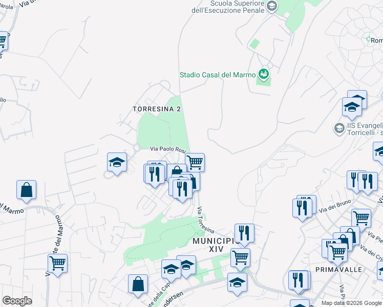 map of restaurants, bars, coffee shops, grocery stores, and more near 100 Via Torresina in Roma
