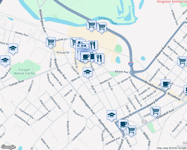map of restaurants, bars, coffee shops, grocery stores, and more near 235 Fair Street in Kingston
