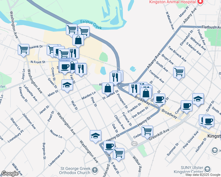 map of restaurants, bars, coffee shops, grocery stores, and more near 791 Broadway in Kingston