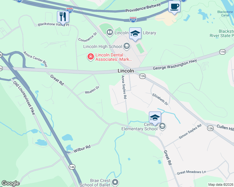 map of restaurants, bars, coffee shops, grocery stores, and more near 6 Winsor Court in Lincoln
