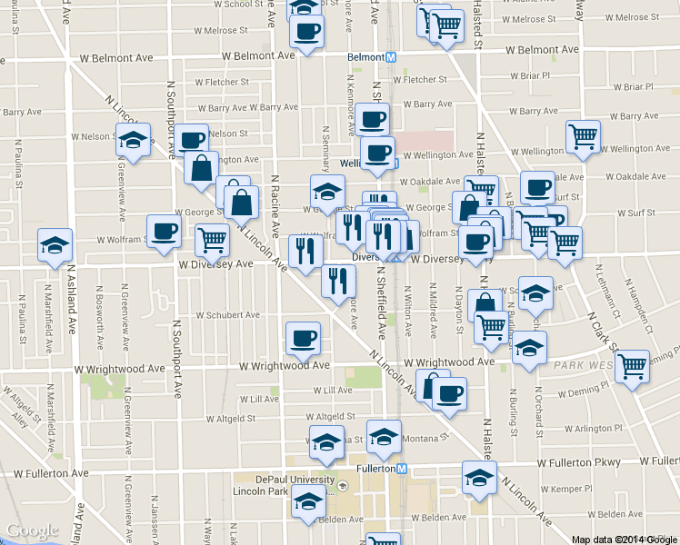 map of restaurants, bars, coffee shops, grocery stores, and more near 1055 West Diversey Parkway in Chicago