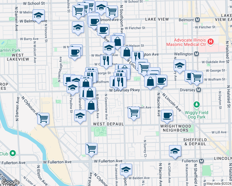 map of restaurants, bars, coffee shops, grocery stores, and more near 1420 West Diversey Parkway in Chicago