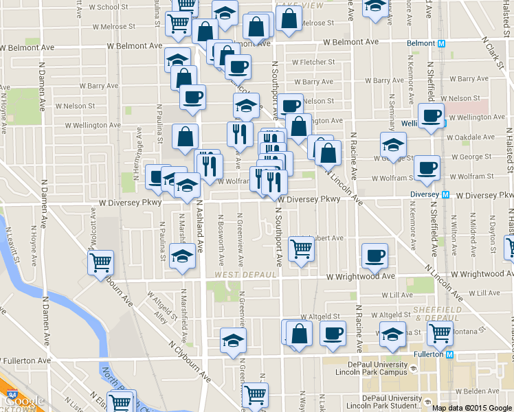 map of restaurants, bars, coffee shops, grocery stores, and more near 1420 West Diversey Parkway in Chicago