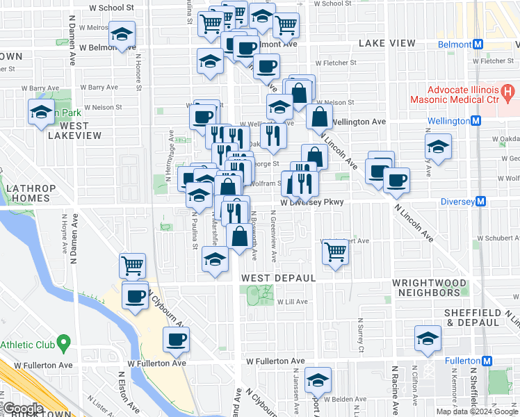 map of restaurants, bars, coffee shops, grocery stores, and more near 1534 West Diversey Parkway in Chicago