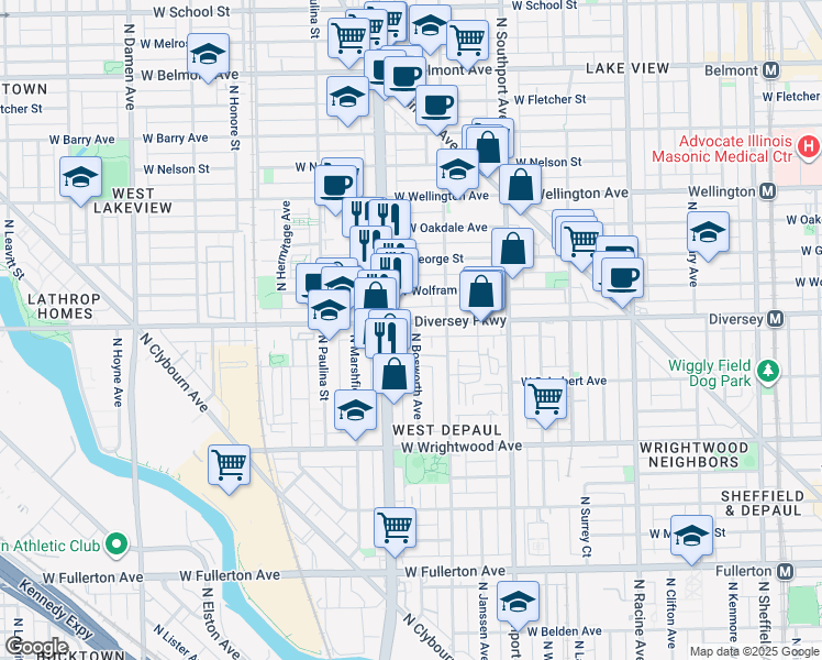 map of restaurants, bars, coffee shops, grocery stores, and more near 1534 West Diversey Parkway in Chicago