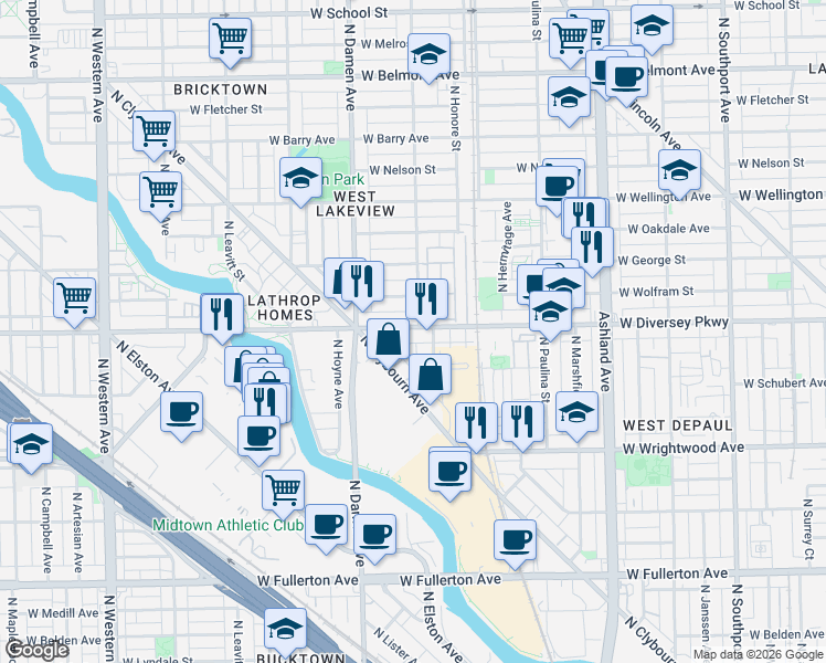 map of restaurants, bars, coffee shops, grocery stores, and more near 1930 West Diversey Parkway in Chicago