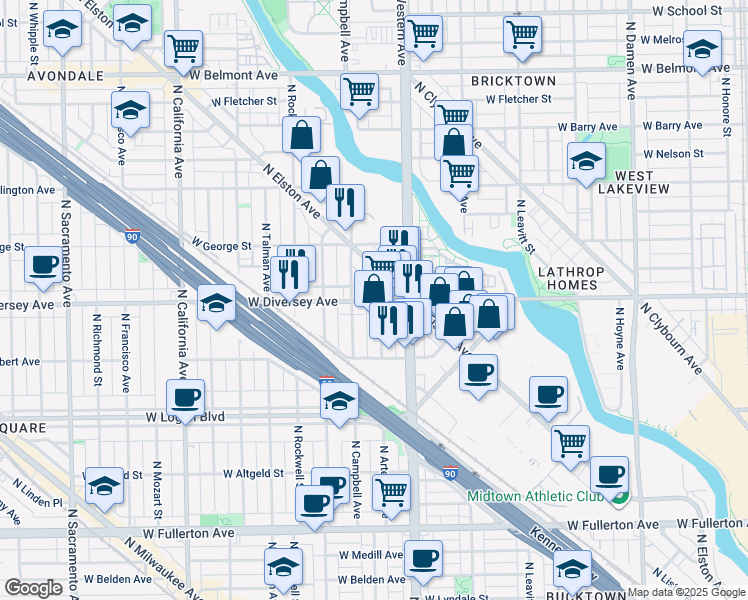 map of restaurants, bars, coffee shops, grocery stores, and more near 2450 West Diversey Avenue in Chicago