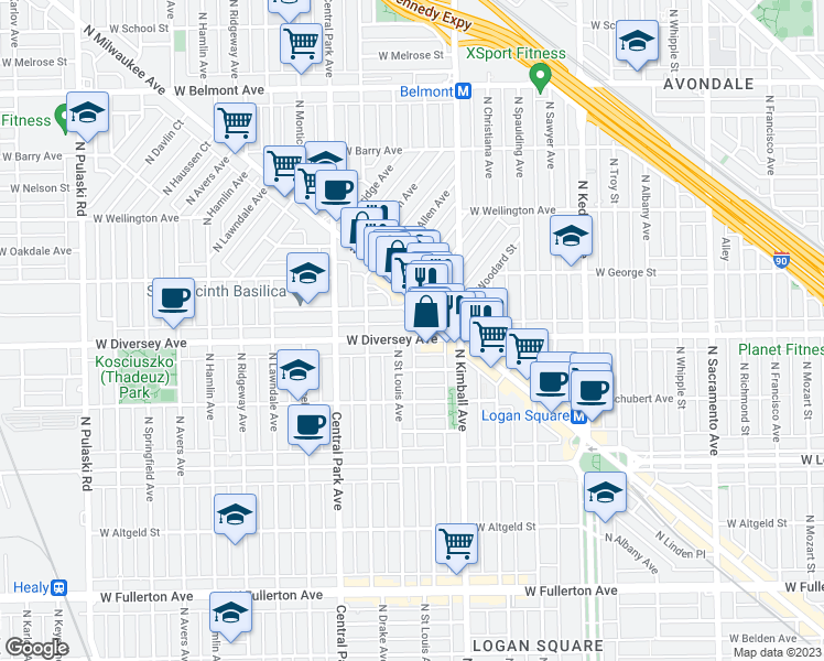 map of restaurants, bars, coffee shops, grocery stores, and more near 2840 North Milwaukee Avenue in Chicago