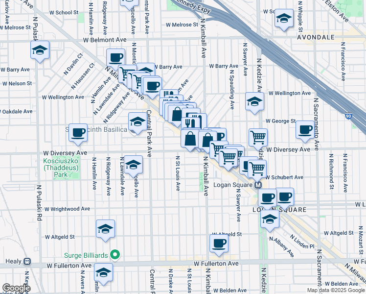 map of restaurants, bars, coffee shops, grocery stores, and more near 2840 North Milwaukee Avenue in Chicago