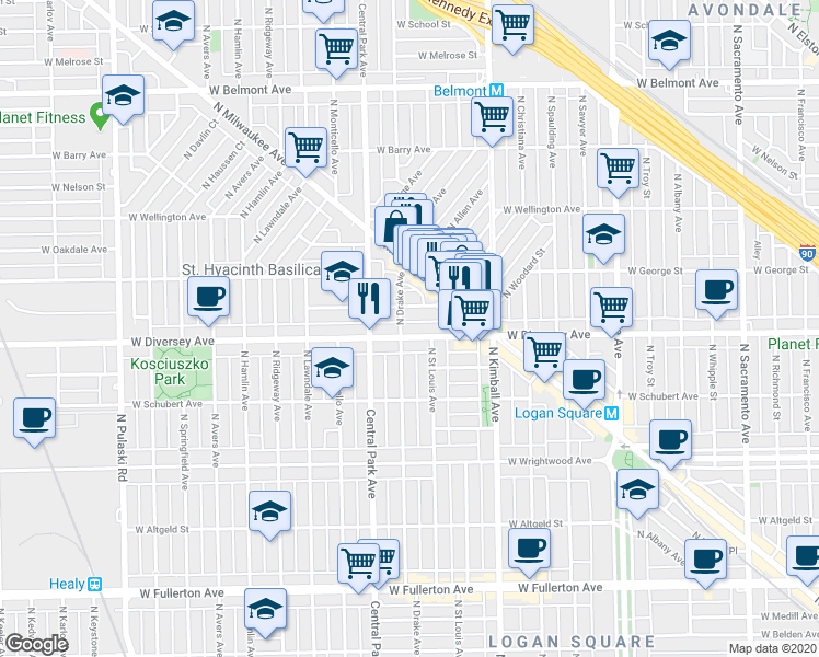map of restaurants, bars, coffee shops, grocery stores, and more near 3545 West Wolfram Street in Chicago