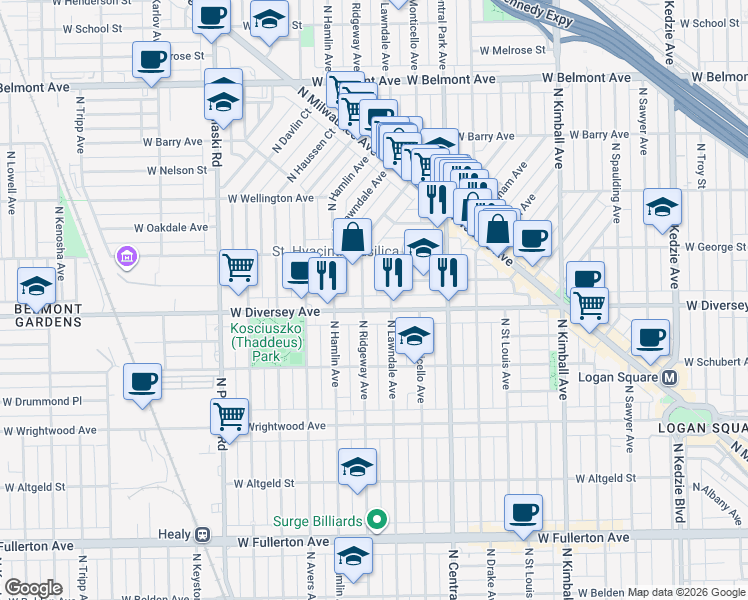 map of restaurants, bars, coffee shops, grocery stores, and more near 2820 North Lawndale Avenue in Chicago