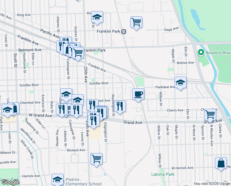 map of restaurants, bars, coffee shops, grocery stores, and more near 2927 Washington Street in Franklin Park