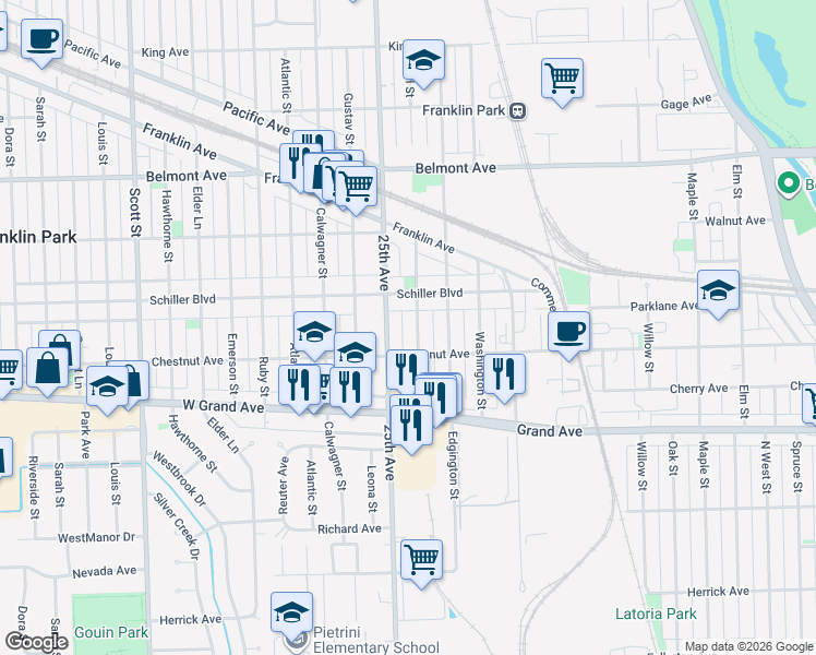 map of restaurants, bars, coffee shops, grocery stores, and more near 2929 Pearl Street in Franklin Park