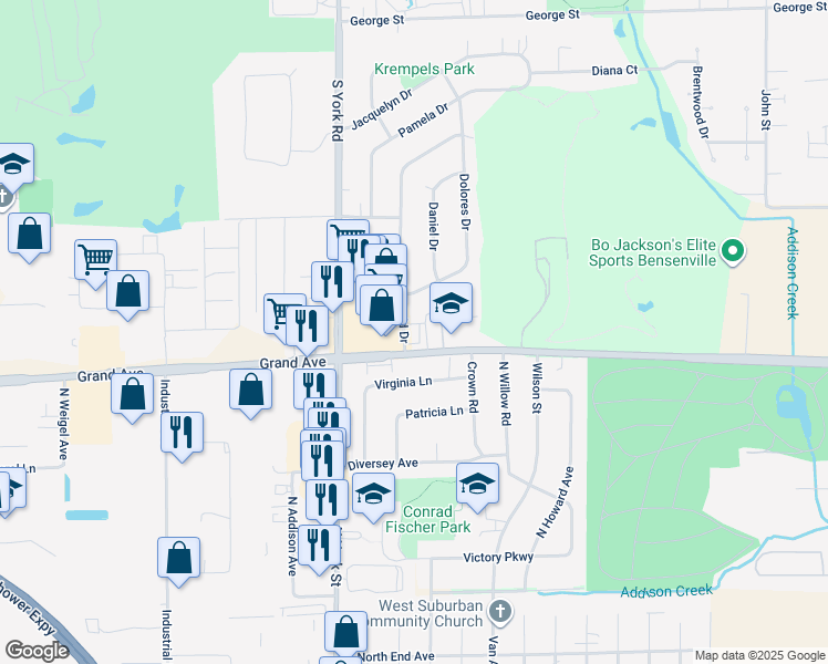 map of restaurants, bars, coffee shops, grocery stores, and more near 133 East Grand Avenue in Bensenville