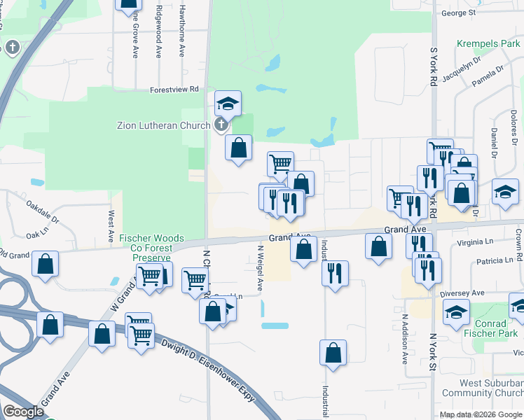 map of restaurants, bars, coffee shops, grocery stores, and more near 248 James Street in Bensenville