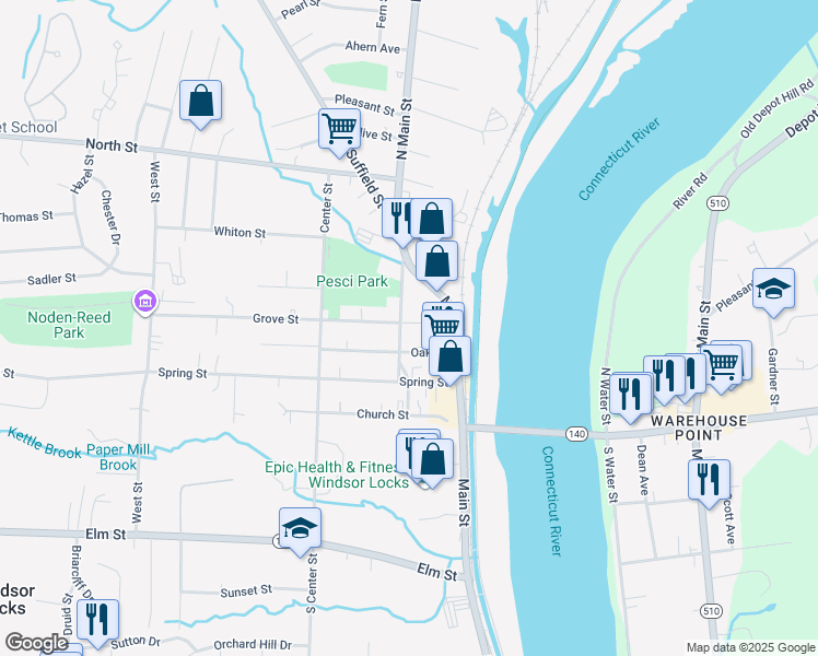 map of restaurants, bars, coffee shops, grocery stores, and more near 36 Grove Street in Windsor Locks