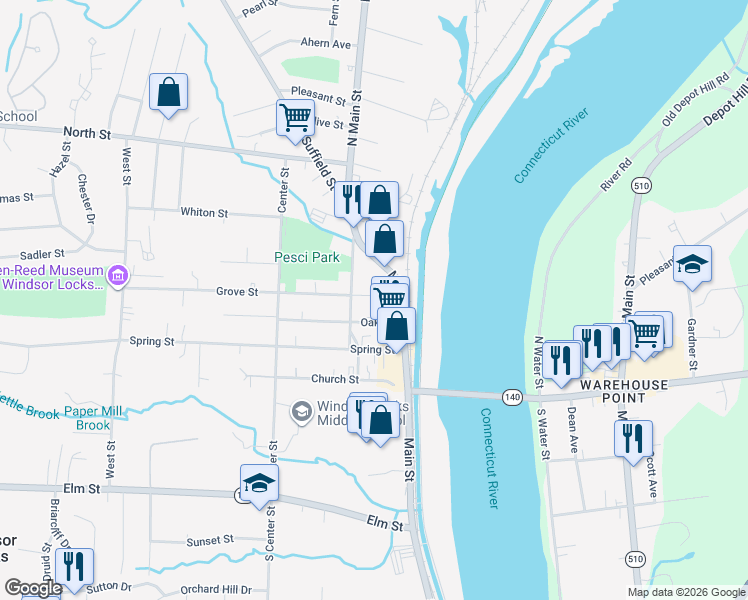 map of restaurants, bars, coffee shops, grocery stores, and more near 24 Grove Street in Windsor Locks