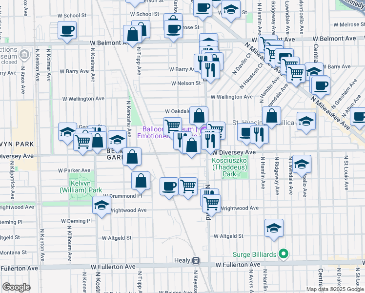 map of restaurants, bars, coffee shops, grocery stores, and more near 306 West Diversey Avenue in Chicago