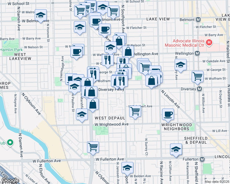 map of restaurants, bars, coffee shops, grocery stores, and more near 1420 West Diversey Parkway in Chicago