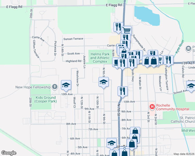 map of restaurants, bars, coffee shops, grocery stores, and more near 1105 Tilton Park Drive in Rochelle