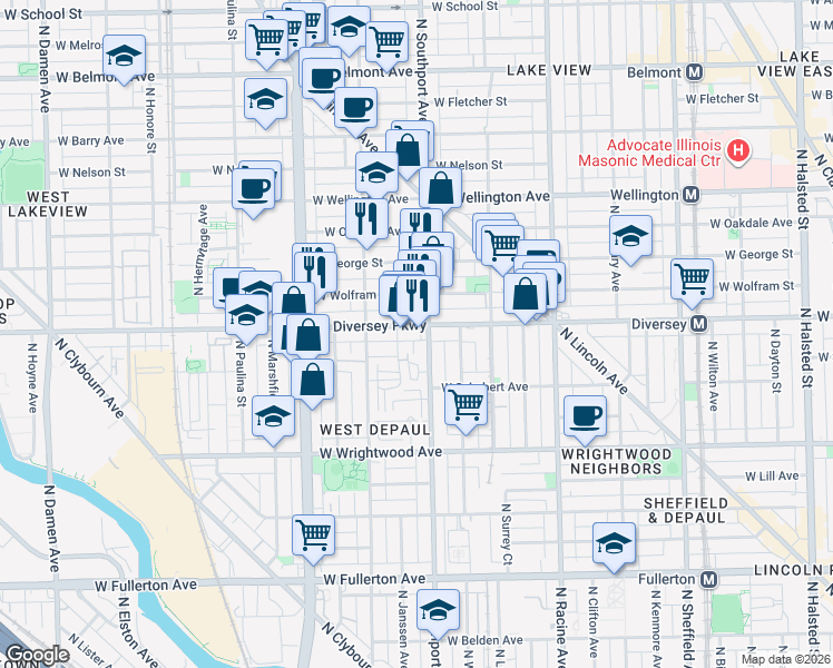 map of restaurants, bars, coffee shops, grocery stores, and more near 1409 West Diversey Parkway in Chicago