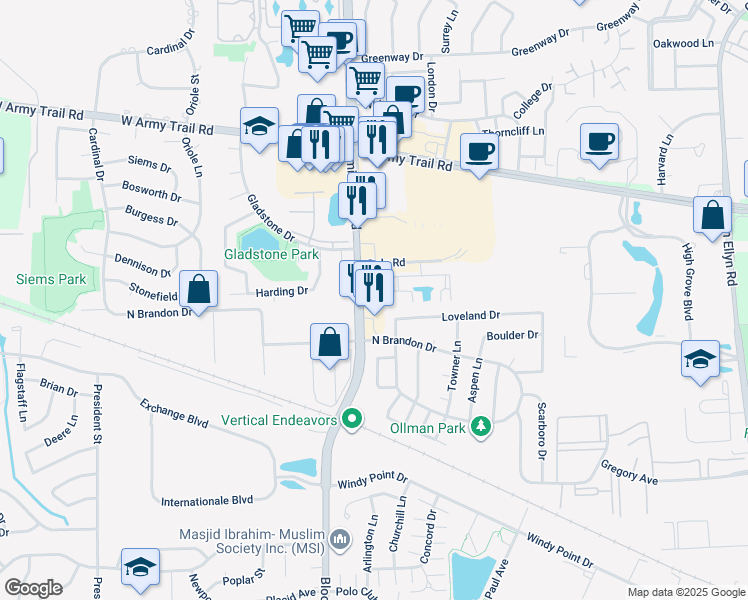 map of restaurants, bars, coffee shops, grocery stores, and more near 2017 Bloomingdale Road in Glendale Heights