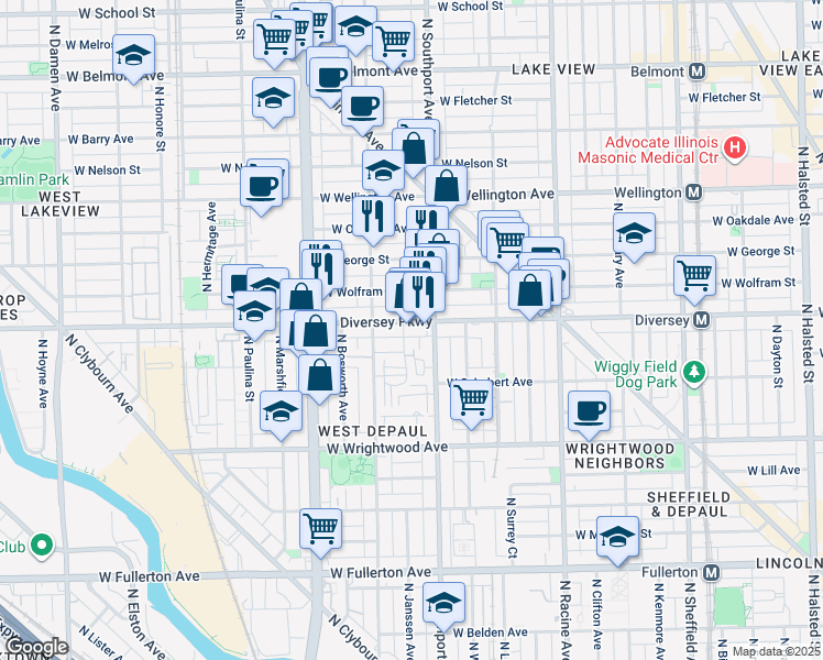 map of restaurants, bars, coffee shops, grocery stores, and more near 1420 West Diversey Parkway in Chicago