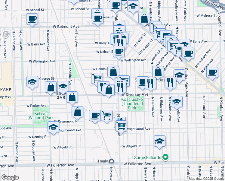 map of restaurants, bars, coffee shops, grocery stores, and more near 4000 West Diversey Avenue in Chicago