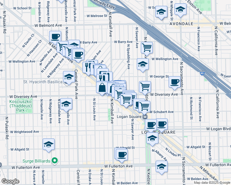map of restaurants, bars, coffee shops, grocery stores, and more near 3350 West Diversey Avenue in Chicago
