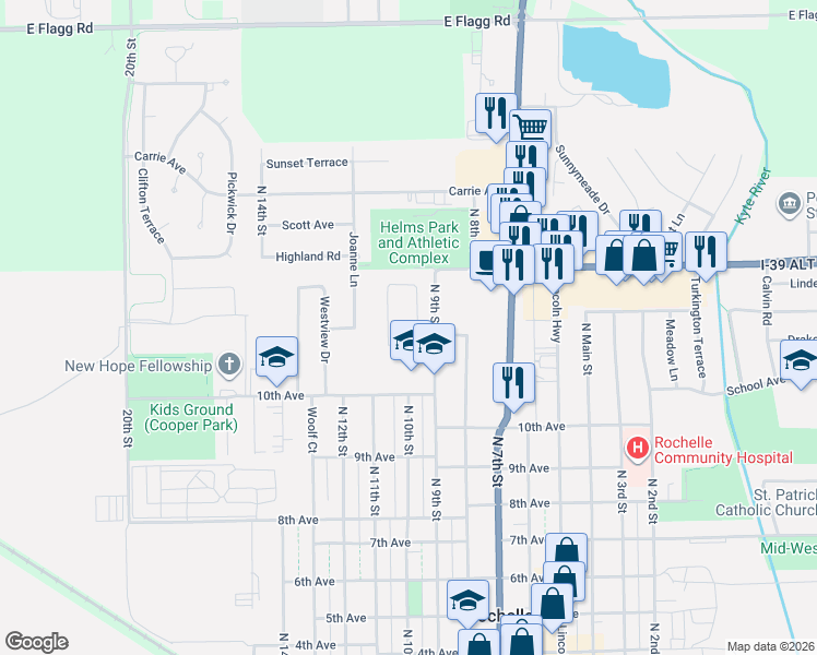 map of restaurants, bars, coffee shops, grocery stores, and more near 1105 Tilton Park Drive in Rochelle