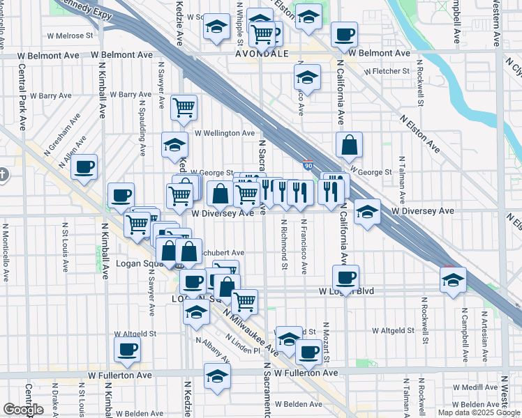 map of restaurants, bars, coffee shops, grocery stores, and more near 2815 North Sacramento Avenue in Chicago