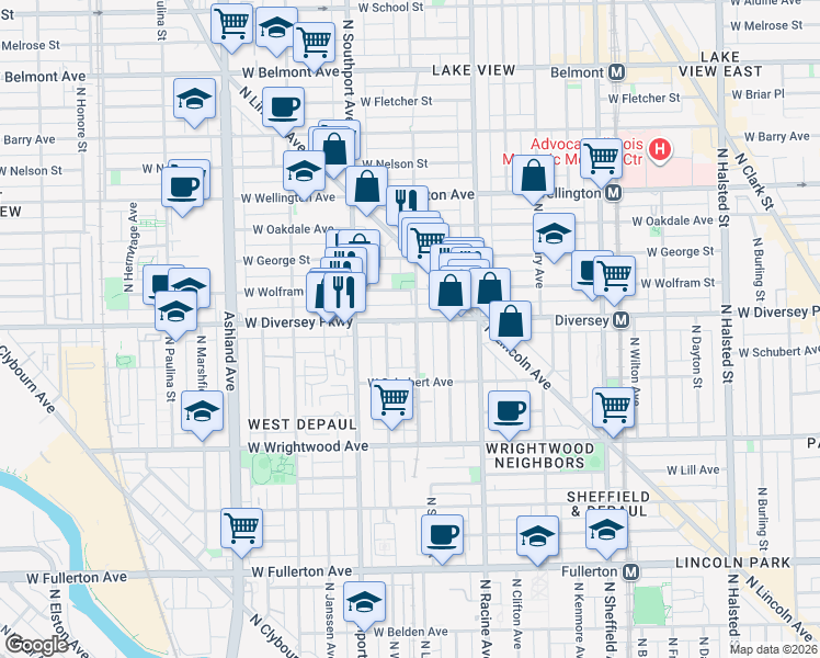 map of restaurants, bars, coffee shops, grocery stores, and more near 2750 North Lakewood Avenue in Chicago