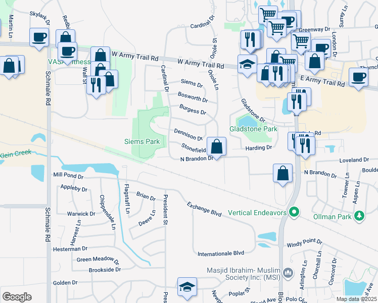 map of restaurants, bars, coffee shops, grocery stores, and more near 43 Stonefield Drive in Glendale Heights