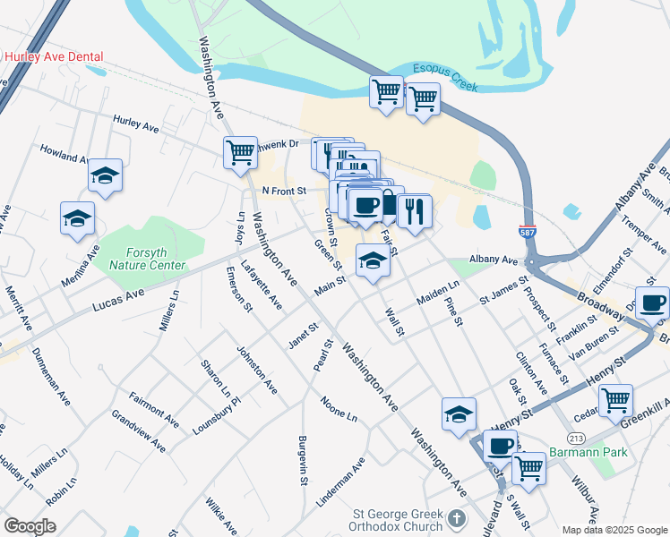 map of restaurants, bars, coffee shops, grocery stores, and more near 100 Green Street in Kingston