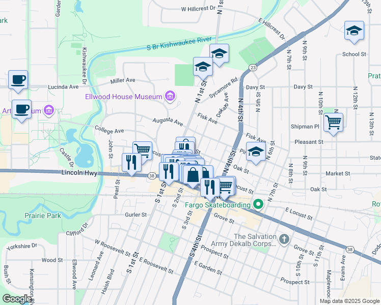 map of restaurants, bars, coffee shops, grocery stores, and more near 126 Oak Street in DeKalb