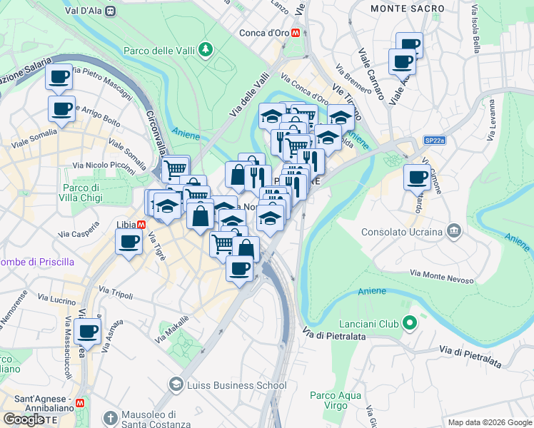 map of restaurants, bars, coffee shops, grocery stores, and more near 1-11 Via Valsugana in Rome