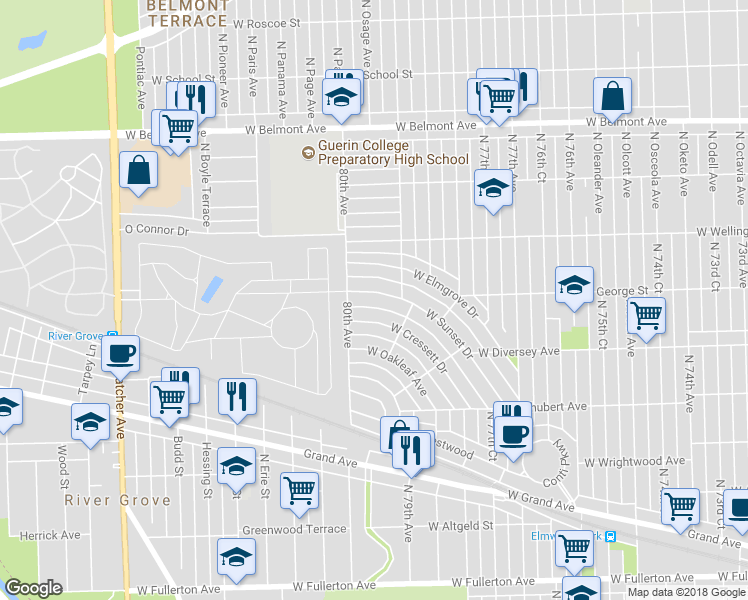 map of restaurants, bars, coffee shops, grocery stores, and more near 7923 West Sunset Drive in Chicago