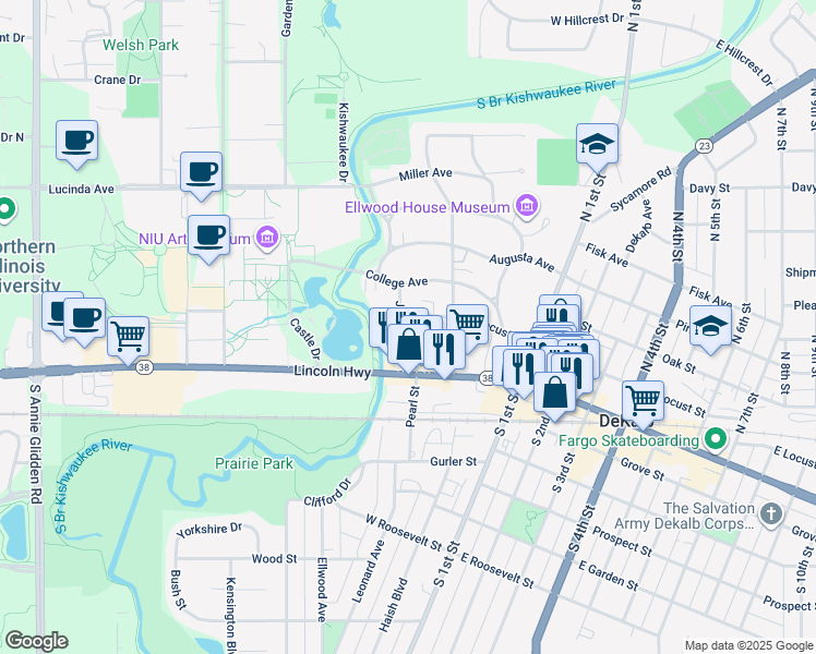 map of restaurants, bars, coffee shops, grocery stores, and more near 148 John Street in DeKalb