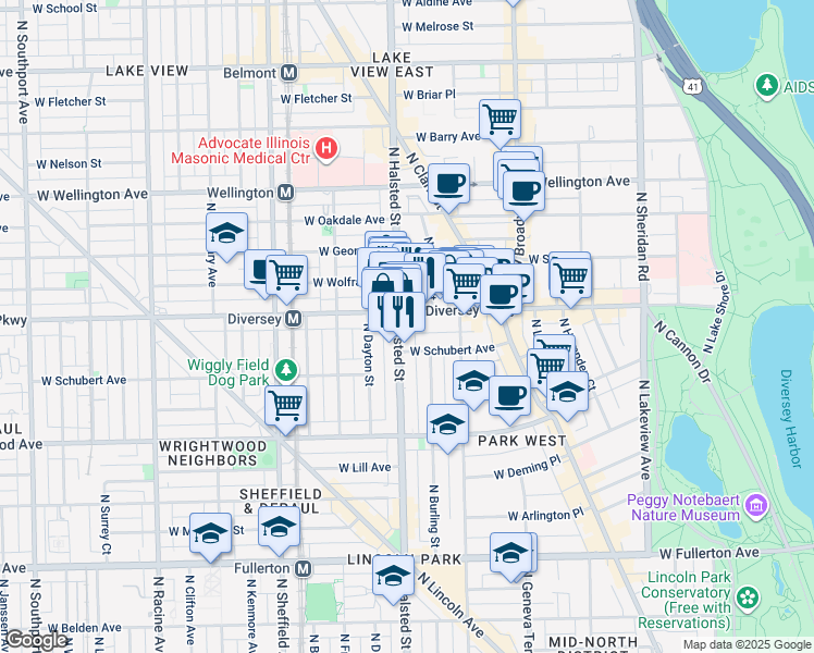 map of restaurants, bars, coffee shops, grocery stores, and more near 735 West Diversey Parkway in Chicago