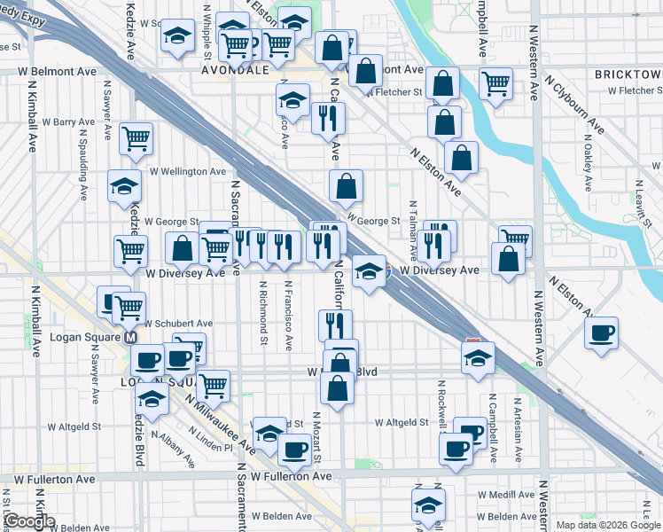 map of restaurants, bars, coffee shops, grocery stores, and more near 2800 West Diversey Avenue in Chicago