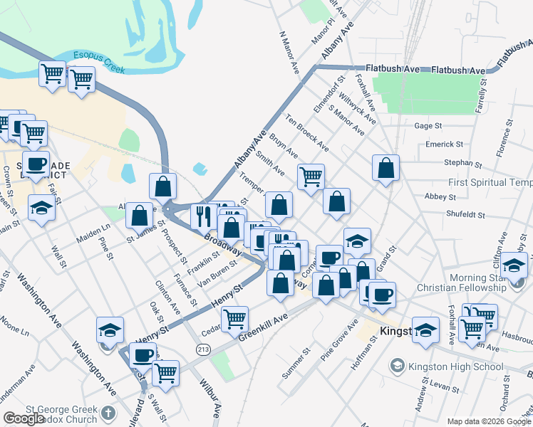 map of restaurants, bars, coffee shops, grocery stores, and more near 61 Downs Street in Kingston