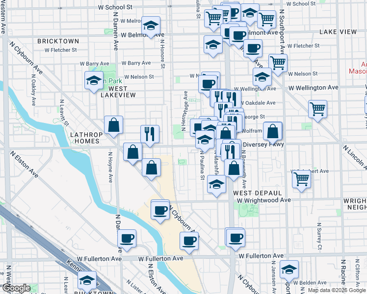 map of restaurants, bars, coffee shops, grocery stores, and more near 1735 West Diversey Parkway in Chicago